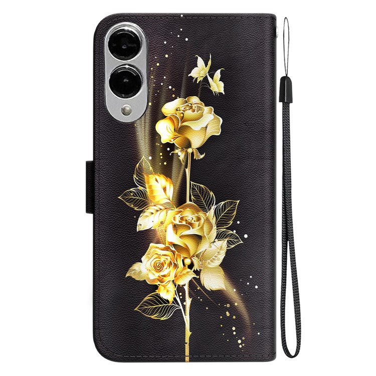 For Samsung Galaxy S25 Edge Wallet Phone Case Anti-Drop Leather Flip Cover Pattern Printing - Gold Butterfly Rose