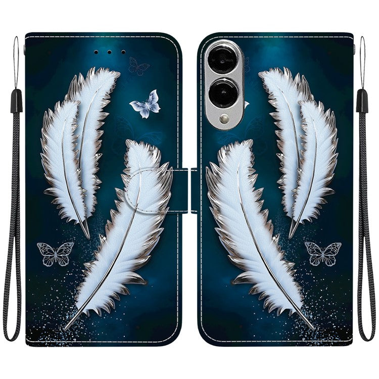 For Samsung Galaxy S25 Edge Case Pattern Printing Anti-Drop Leather Flip Wallet Phone Cover with Lanyard - White Butterfly Feather