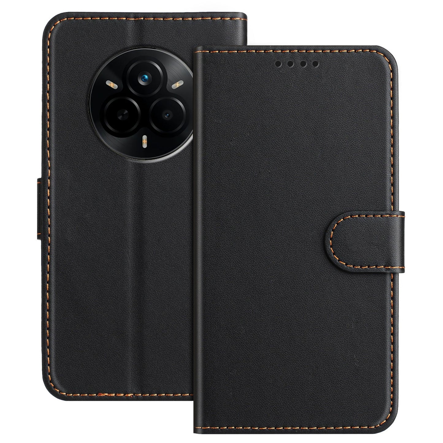 For Realme 14 Pro 5G Leather Case Wallet Stand Solid Color Anti Drop Phone Cover - Black