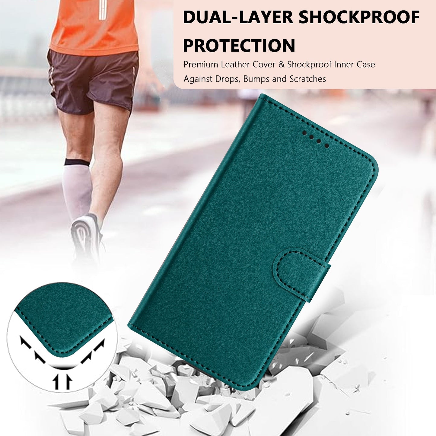 For Realme 14 Pro+ 5G Leather Case Wallet Stand Solid Color Anti Drop Phone Cover - Green