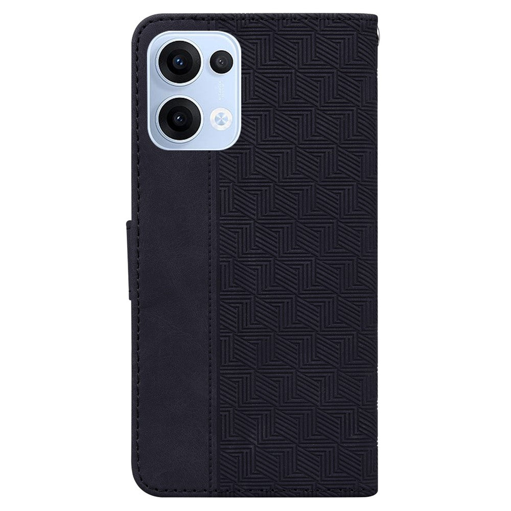 For Oppo Reno13 5G (Global) Case Geometry Pattern Leather Wallet Phone Cover with Wrist Strap - Black