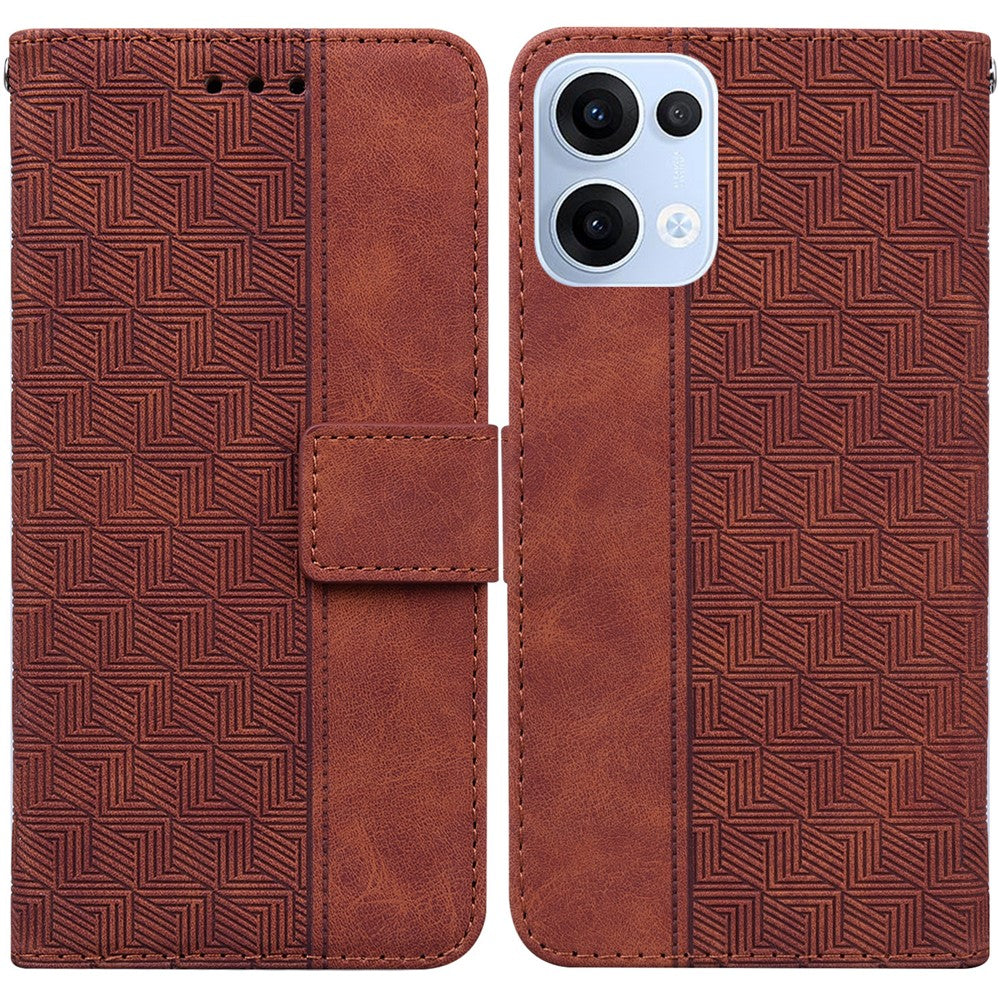 For Oppo Reno13 5G (Global) Case Geometry Pattern Leather Wallet Phone Cover with Wrist Strap - Brown