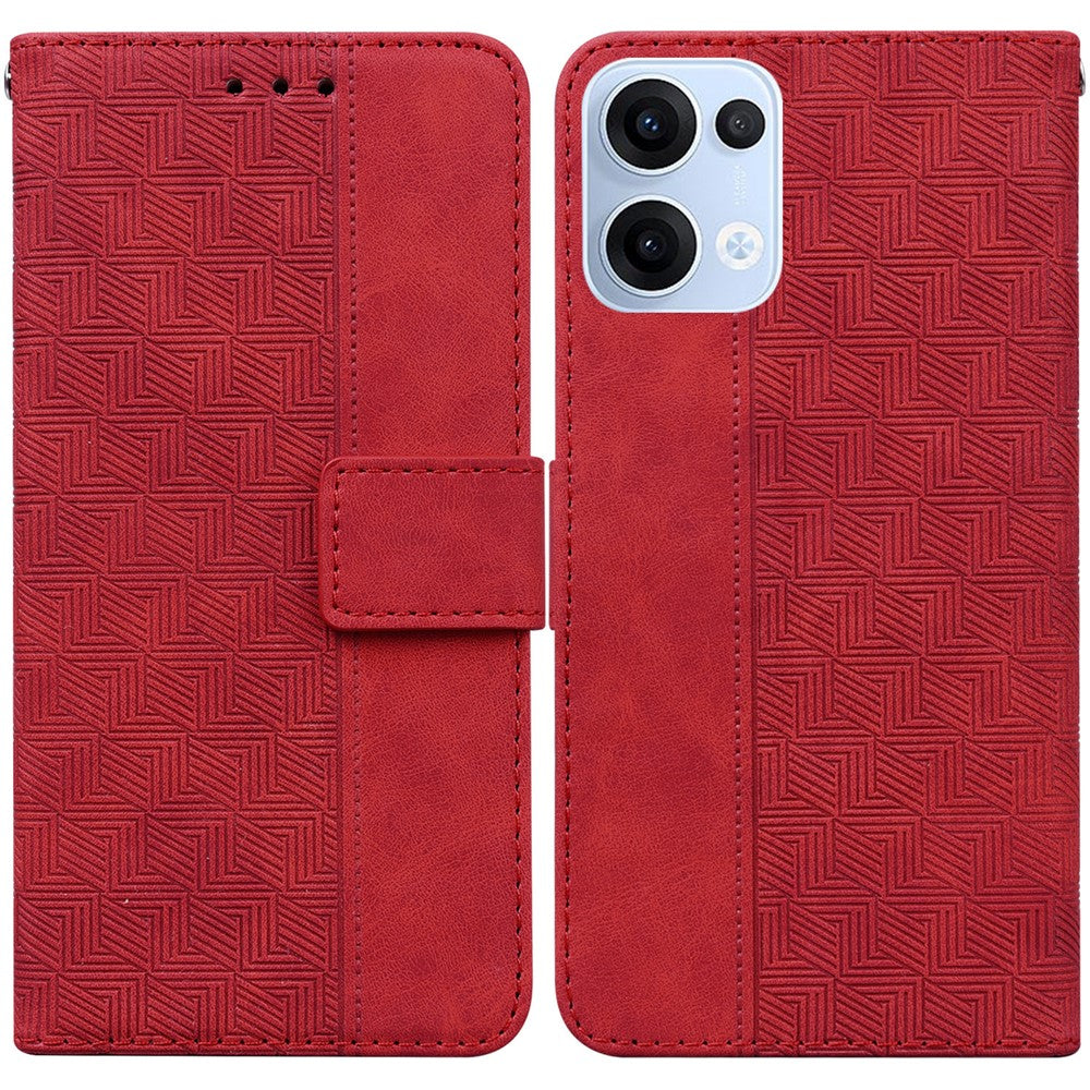 For Oppo Reno13 5G (Global) Case Geometry Pattern Leather Wallet Phone Cover with Wrist Strap - Red