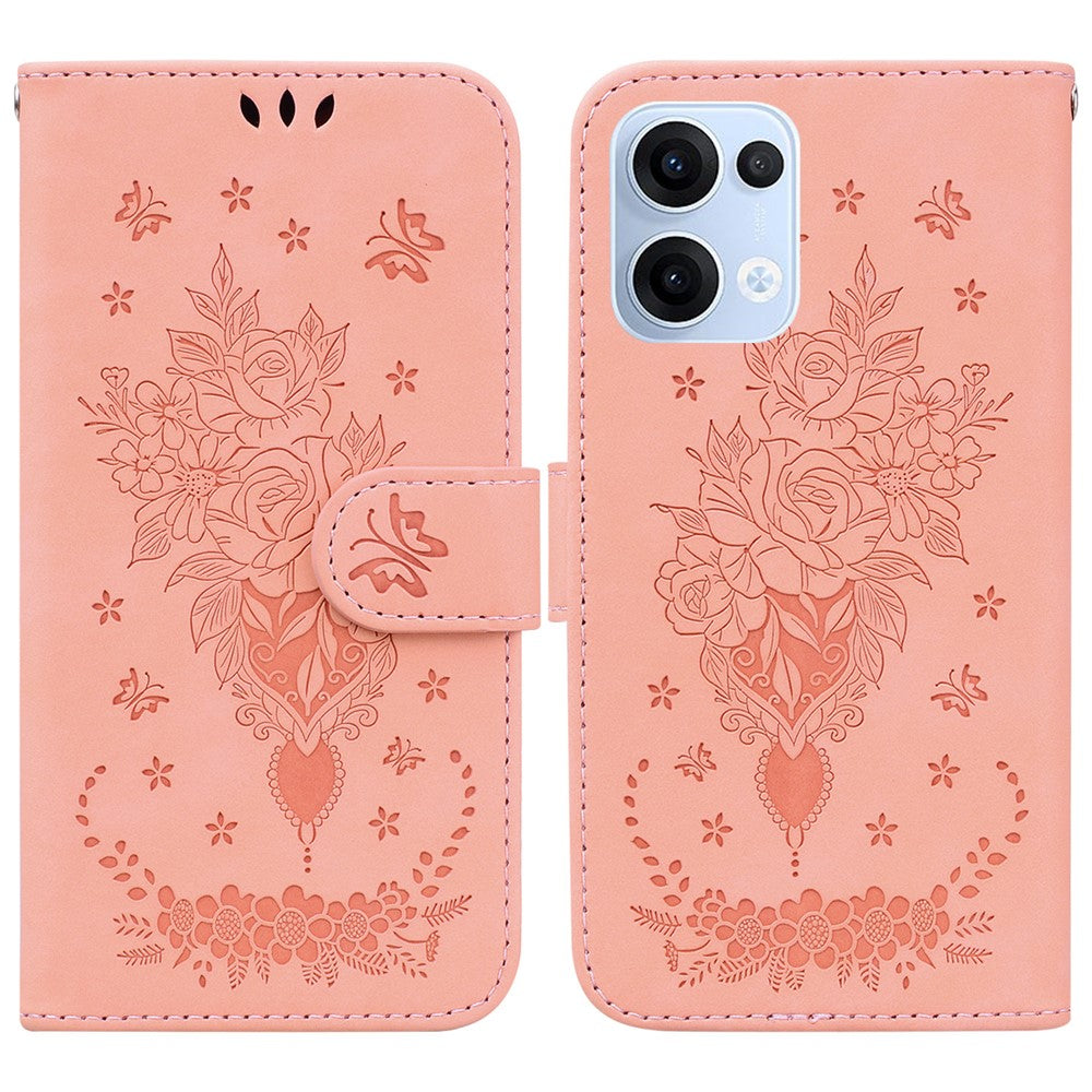For Oppo Reno13 5G (Global) Case PU Leather Wallet Phone Cover Butterfly Flower Imprint - Pink