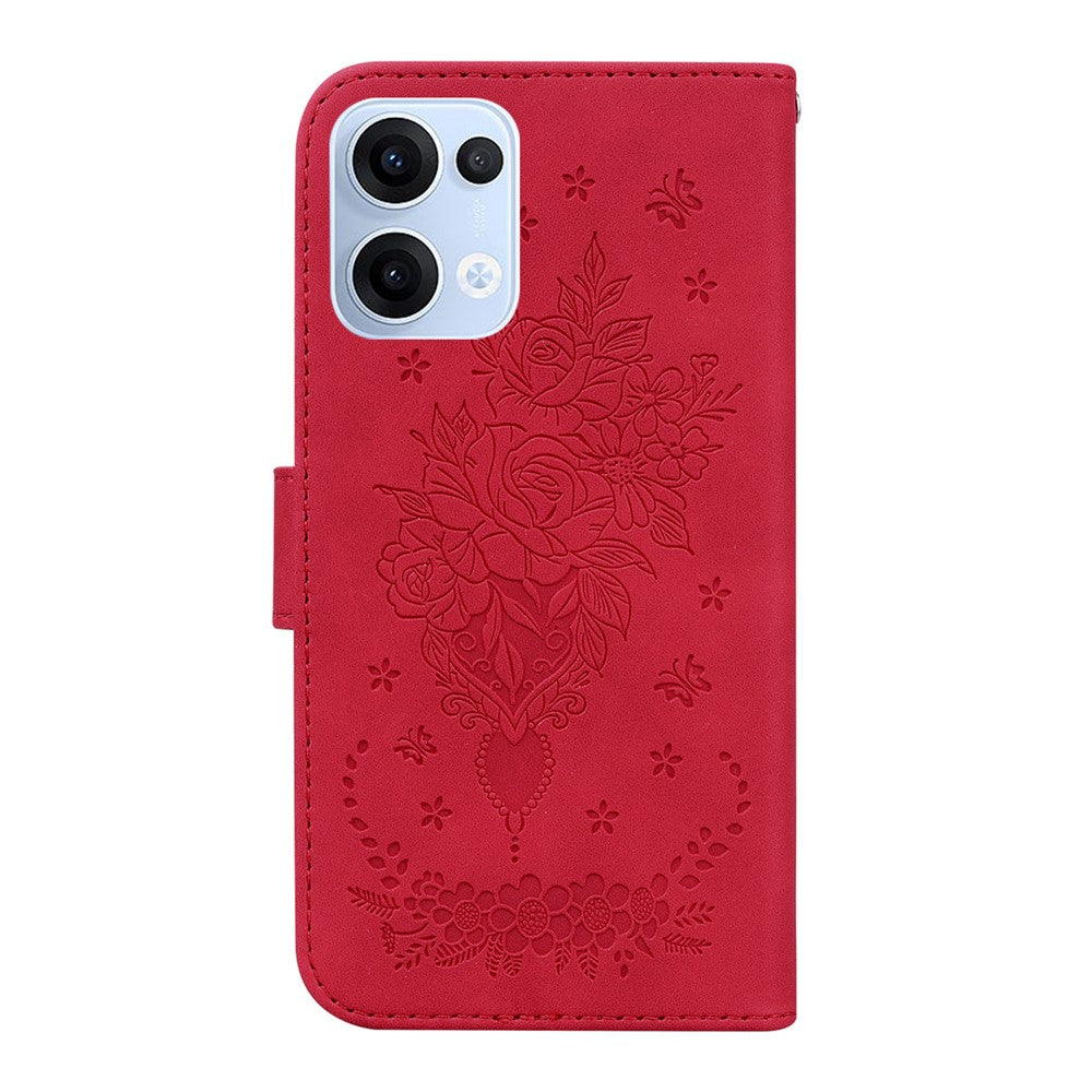 For Oppo Reno13 5G (Global) Case PU Leather Wallet Phone Cover Butterfly Flower Imprint - Red