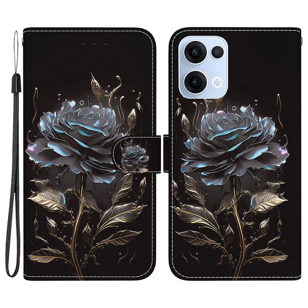 For Oppo Reno13 5G (Global) Wallet Phone Case Anti-Drop Leather Flip Cover Pattern Printing - Black Rose