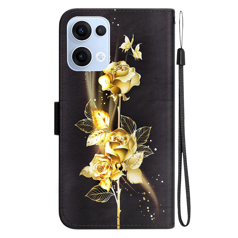 For Oppo Reno13 5G (Global) Wallet Phone Case Anti-Drop Leather Flip Cover Pattern Printing - Gold Butterfly Rose