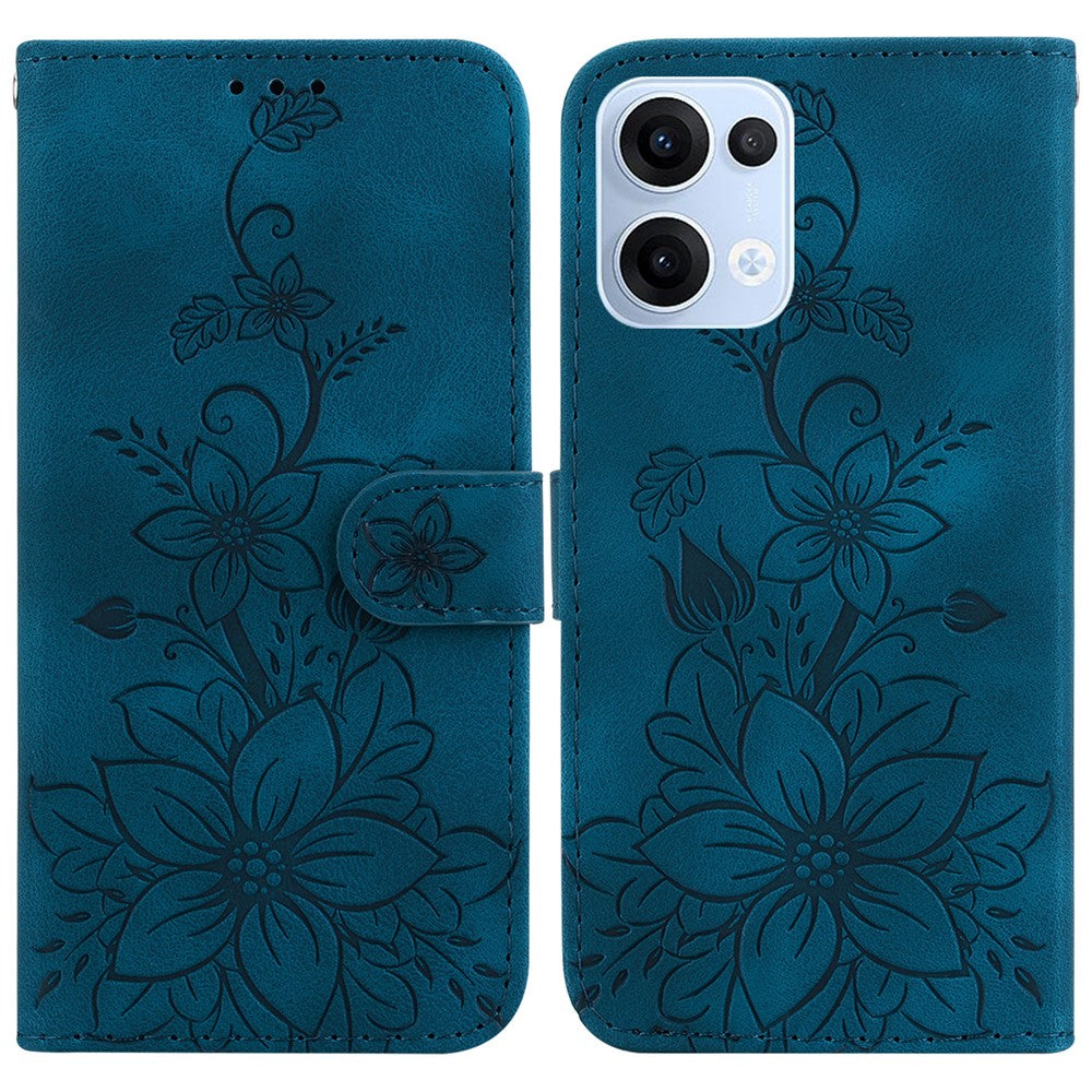For Oppo Reno13 5G (Global) Case Lily Flower Imprint Leather Phone Cover with Stand - Dark Blue