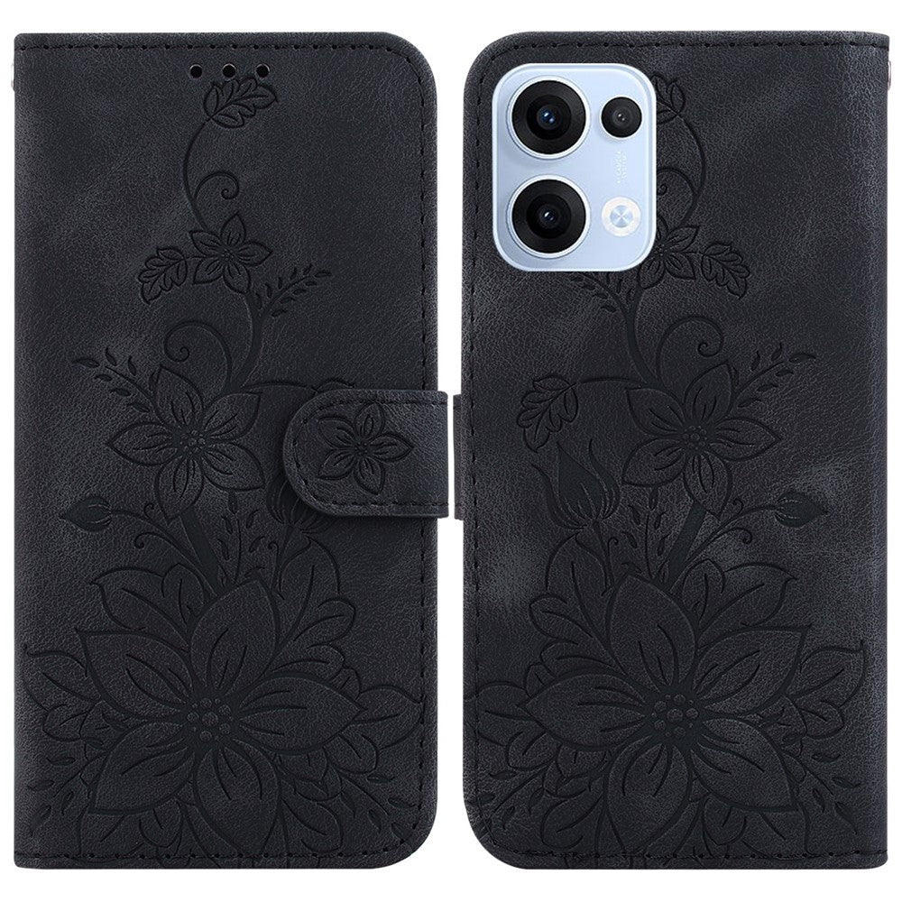 For Oppo Reno13 5G (Global) Case Lily Flower Imprint Leather Phone Cover with Stand - Black