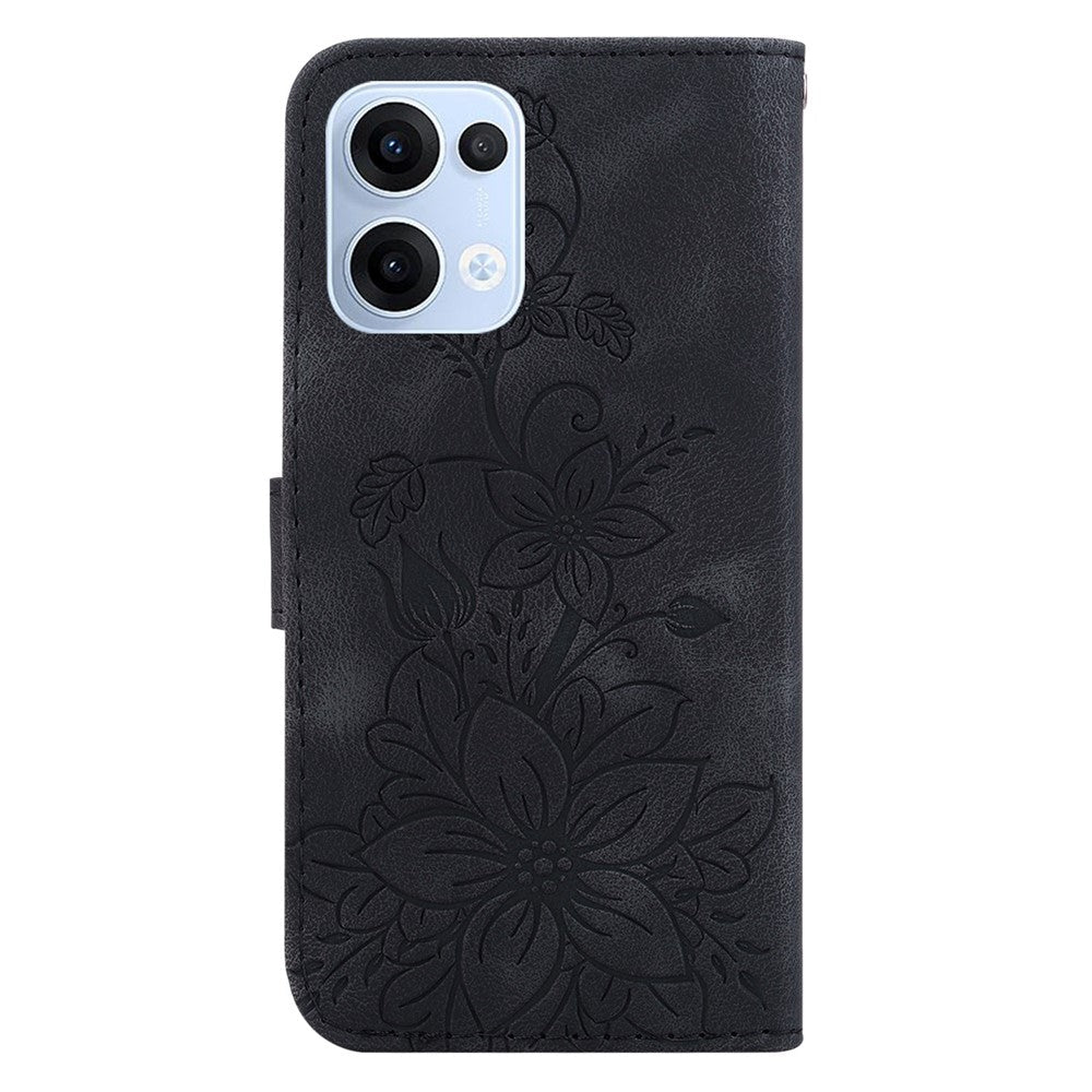 For Oppo Reno13 5G (Global) Case Lily Flower Imprint Leather Phone Cover with Stand - Black