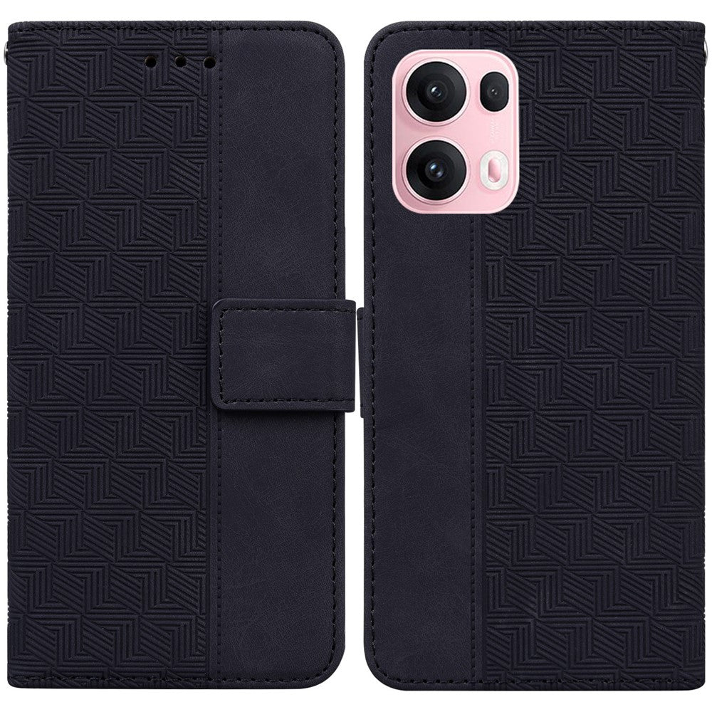 For Oppo Reno13 Pro 5G Case Geometry Pattern Leather Wallet Phone Cover with Wrist Strap - Black