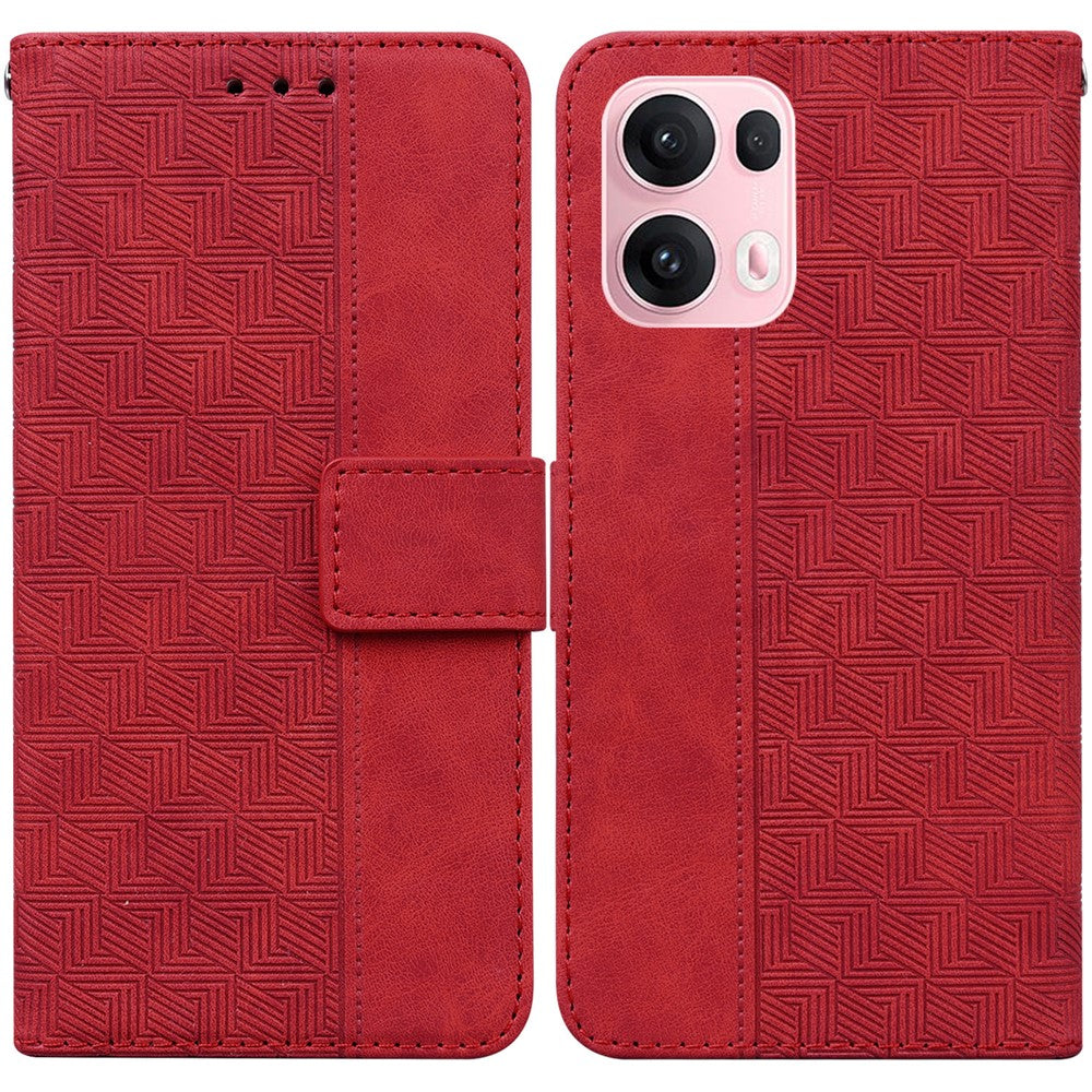 For Oppo Reno13 Pro 5G Case Geometry Pattern Leather Wallet Phone Cover with Wrist Strap - Red