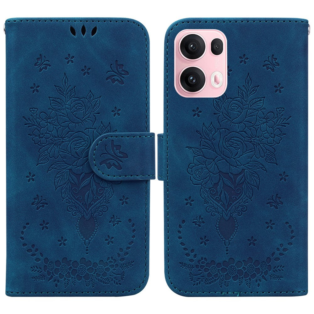 For Oppo Reno13 Pro 5G Case PU Leather Wallet Phone Cover Butterfly Flower Imprint - Blue