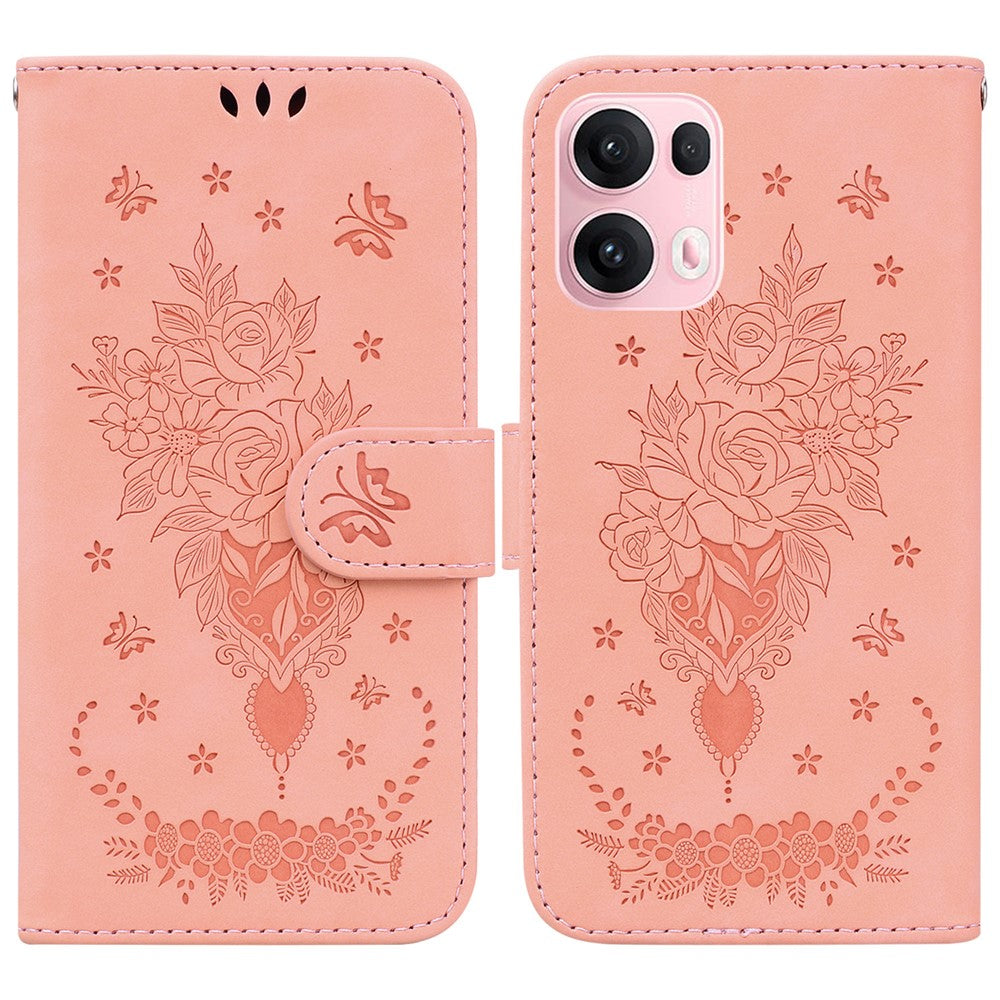For Oppo Reno13 Pro 5G Case PU Leather Wallet Phone Cover Butterfly Flower Imprint - Pink