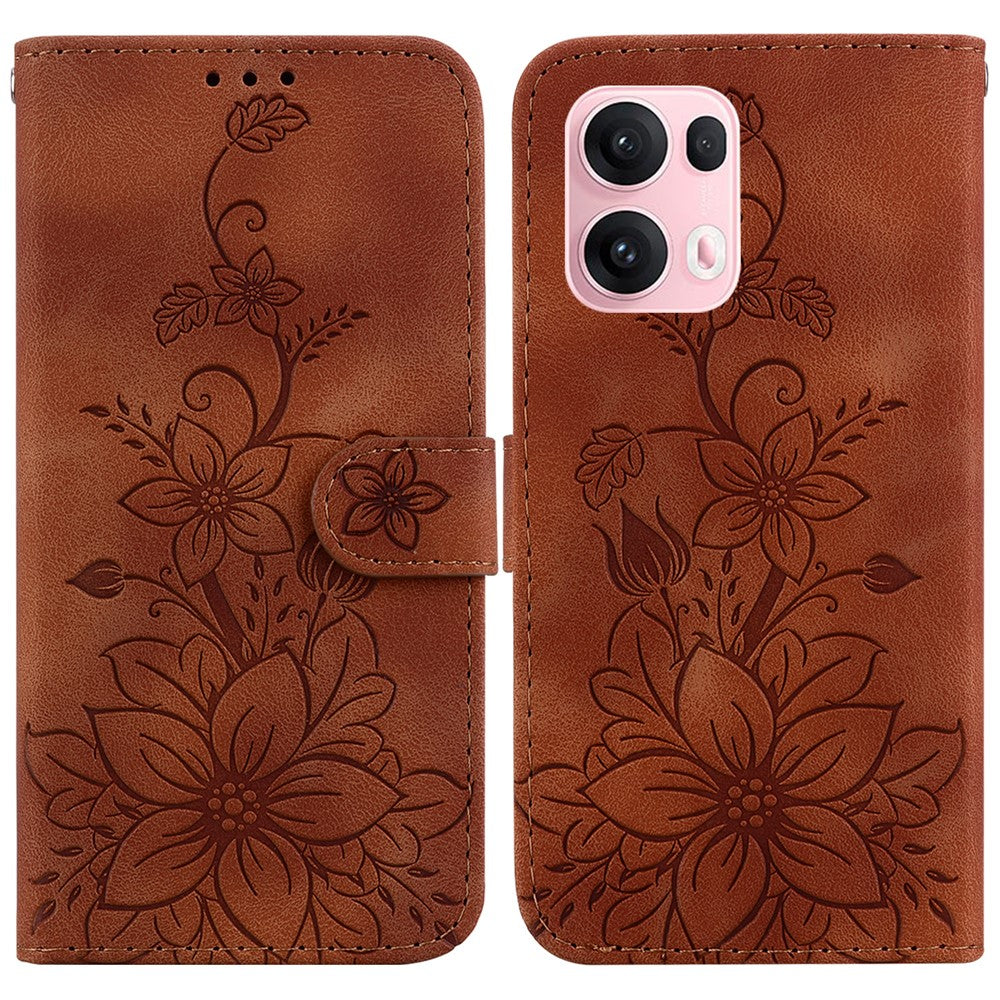 For Oppo Reno13 Pro 5G Case Lily Flower Imprint Leather Phone Cover with Stand - Brown