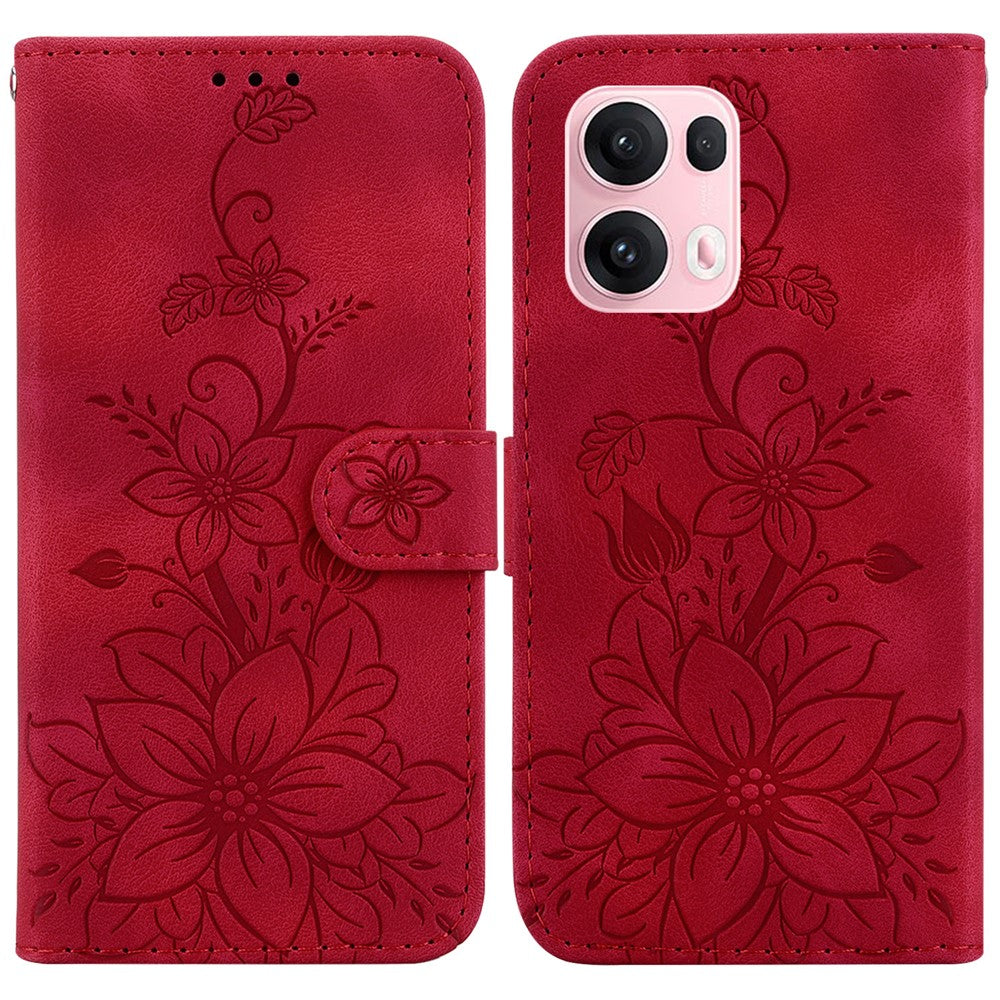 For Oppo Reno13 Pro 5G Case Lily Flower Imprint Leather Phone Cover with Stand - Red