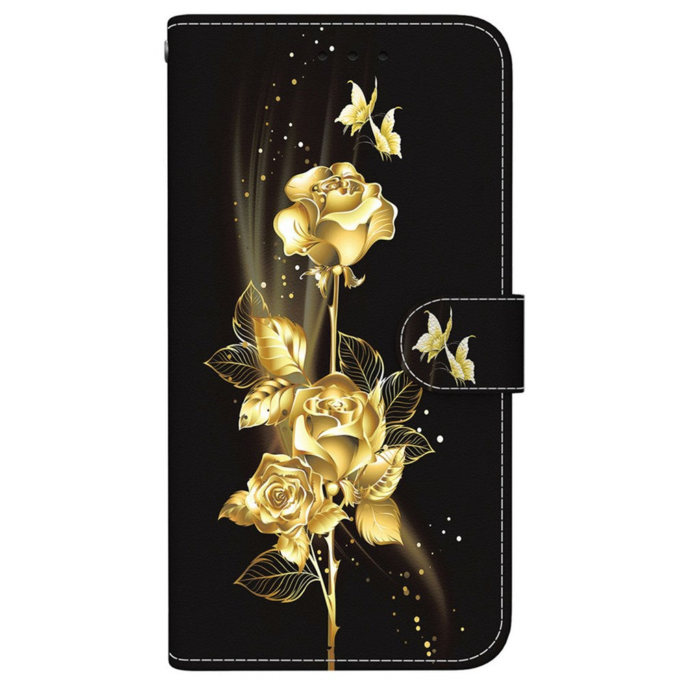 For Oppo Reno13 Pro 5G Wallet Phone Case Anti-Drop Leather Flip Cover Pattern Printing - Gold Butterfly Rose