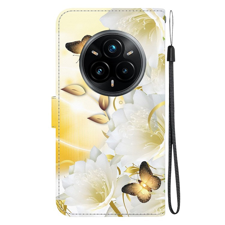 For Realme 14 Pro+ 5G Wallet Phone Case Anti-Drop Leather Flip Cover Pattern Printing - Gold Butterfly Flower