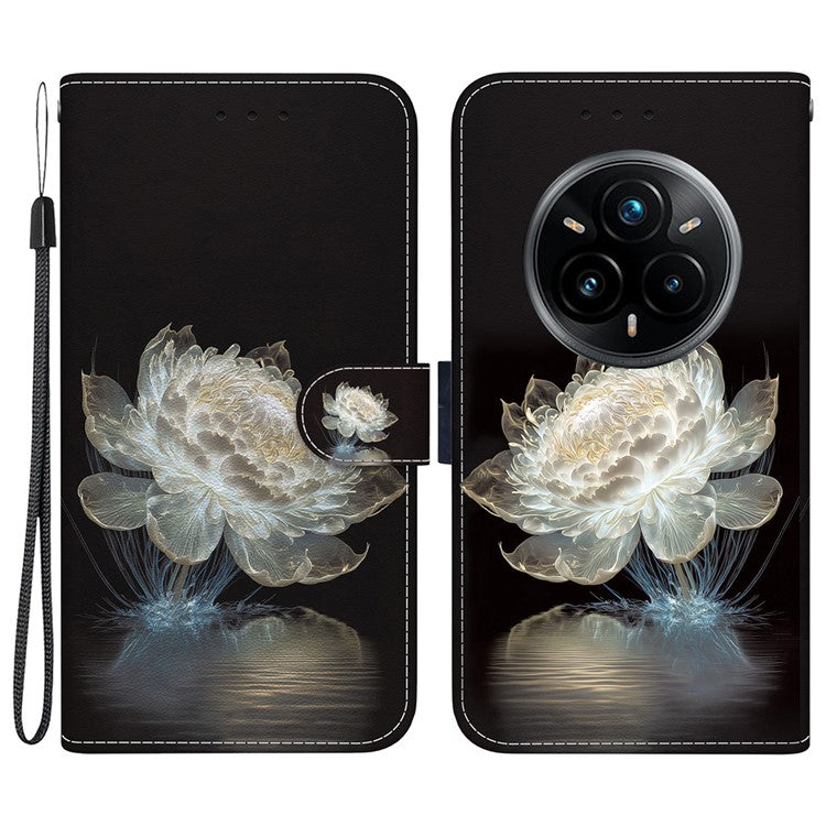For Realme 14 Pro+ 5G Wallet Phone Case Anti-Drop Leather Flip Cover Pattern Printing - Crystal Peony