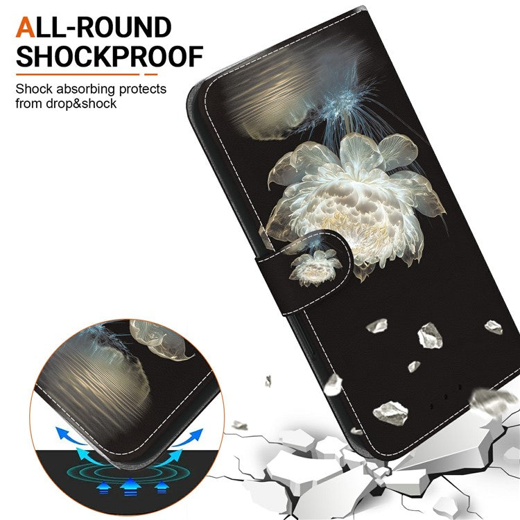 For Realme 14 Pro+ 5G Wallet Phone Case Anti-Drop Leather Flip Cover Pattern Printing - Crystal Peony