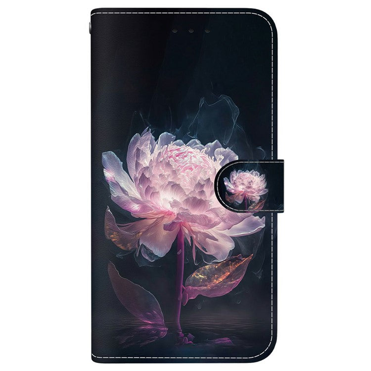 For Realme 14 Pro+ 5G Wallet Phone Case Anti-Drop Leather Flip Cover Pattern Printing - Purple Peony