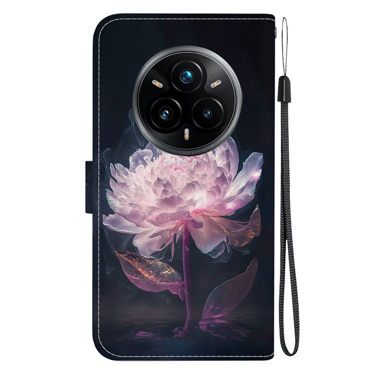 For Realme 14 Pro+ 5G Wallet Phone Case Anti-Drop Leather Flip Cover Pattern Printing - Purple Peony