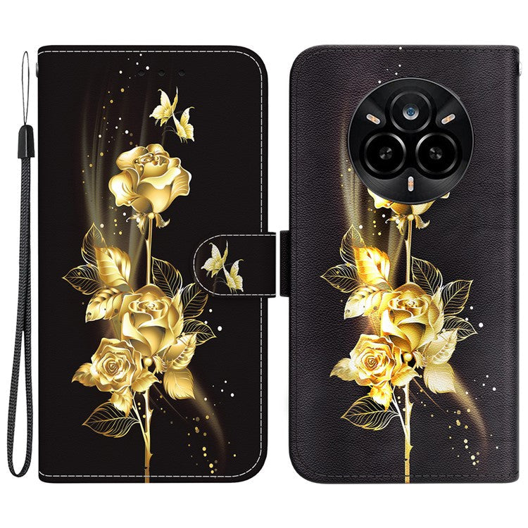 For Realme 14 Pro 5G Wallet Phone Case Anti-Drop Leather Flip Cover Pattern Printing - Gold Butterfly Rose