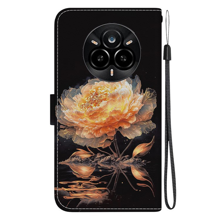 For Realme 14 Pro 5G Wallet Phone Case Anti-Drop Leather Flip Cover Pattern Printing - Gold Peony