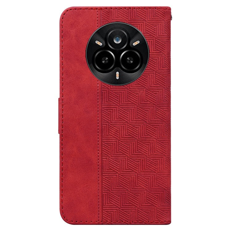 For Realme 14 Pro 5G Case Geometry Pattern Leather Wallet Phone Cover with Wrist Strap - Red