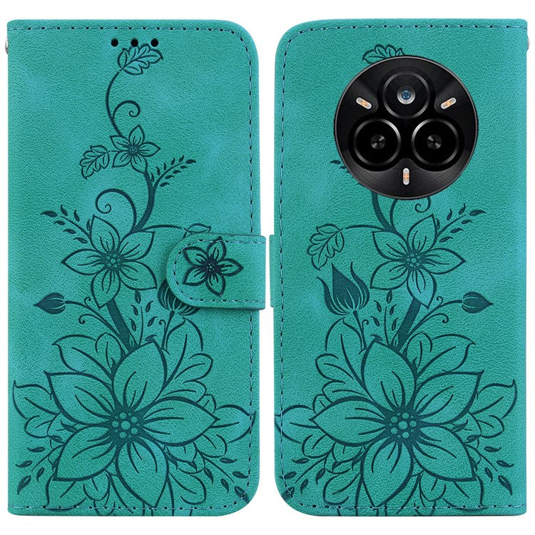 For Realme 14 Pro 5G Case Lily Flower Imprint Leather Phone Cover with Stand - Green
