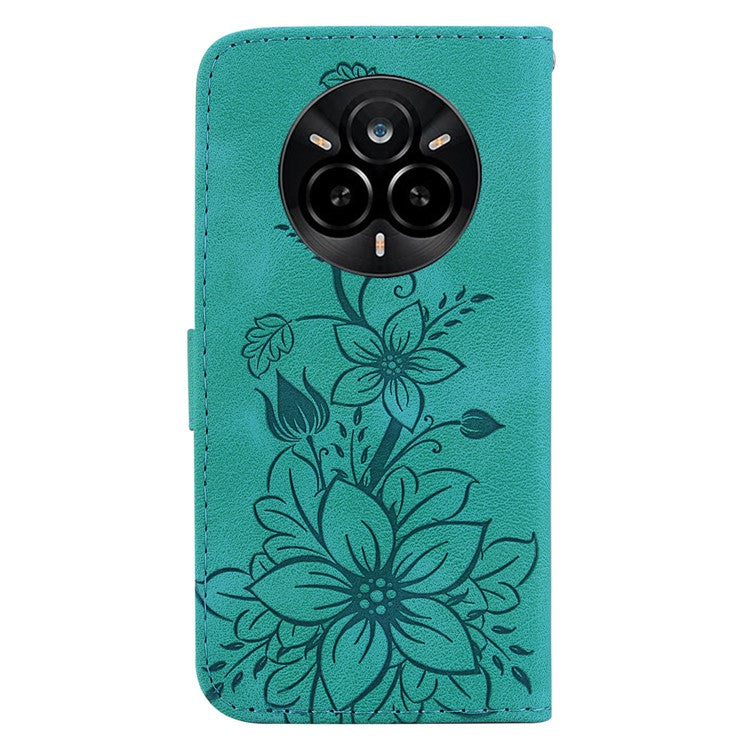 For Realme 14 Pro 5G Case Lily Flower Imprint Leather Phone Cover with Stand - Green