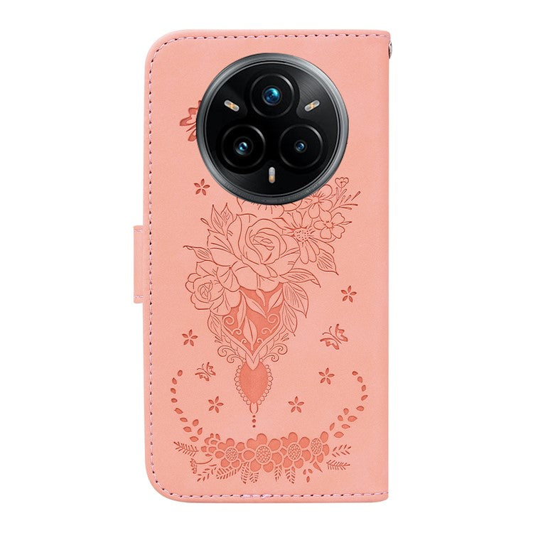 For Realme 14 Pro+ 5G Case PU Leather Wallet Phone Cover Butterfly Flower Imprint - Pink