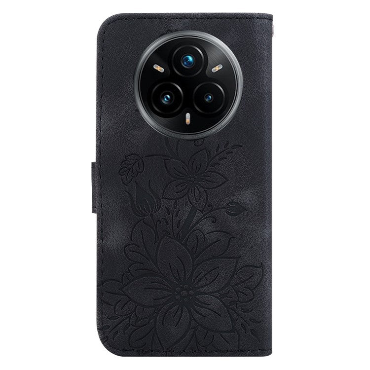 For Realme 14 Pro+ 5G Case Lily Flower Imprint Leather Phone Cover with Stand - Black