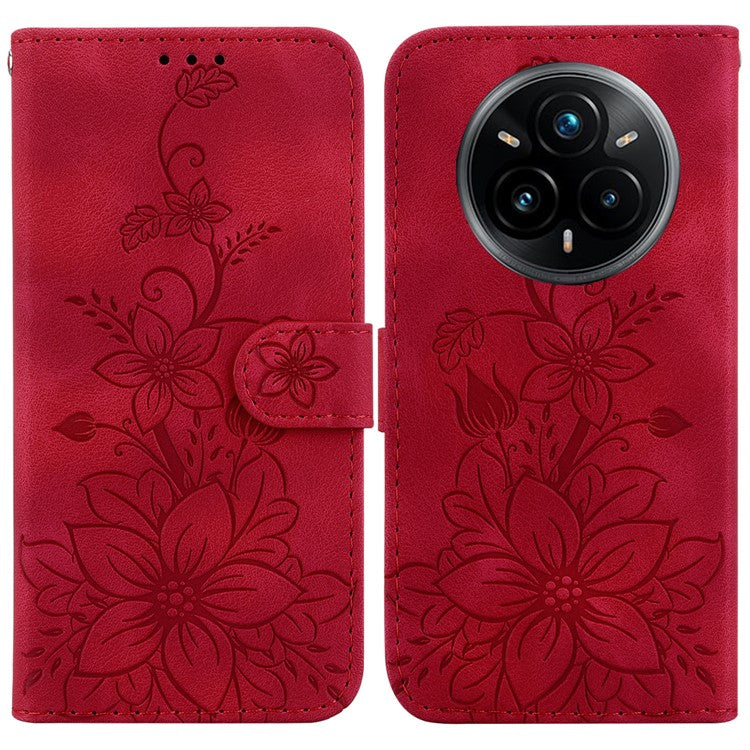 For Realme 14 Pro+ 5G Case Lily Flower Imprint Leather Phone Cover with Stand - Red