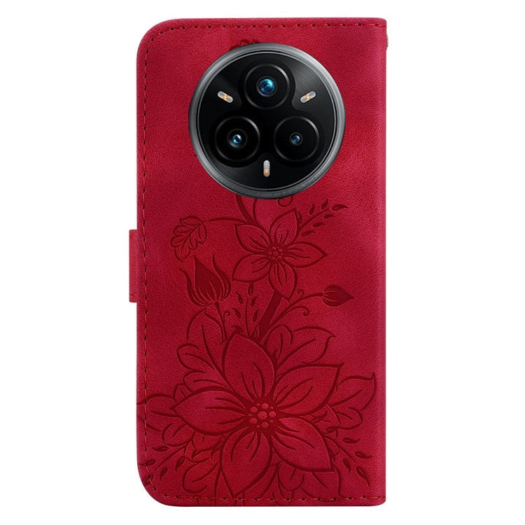 For Realme 14 Pro+ 5G Case Lily Flower Imprint Leather Phone Cover with Stand - Red