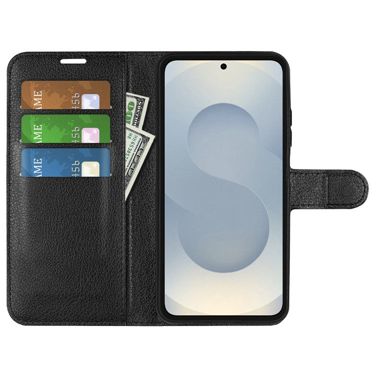 For Samsung Galaxy S25 Edge Case Litchi Texture Shockproof Leather Wallet Phone Cover - Black