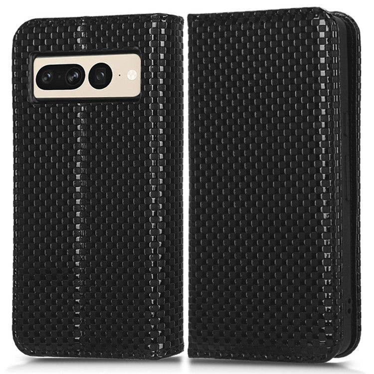 Anti-drop Cell Phone Cover For Google Pixel 7 Pro 5G, Grid Texture Magnetic Closure Phone Case PU Leather Protective Flip Wallet Cover Stand - Black
