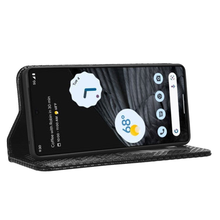 Anti-drop Cell Phone Cover For Google Pixel 7 Pro 5G, Grid Texture Magnetic Closure Phone Case PU Leather Protective Flip Wallet Cover Stand - Black