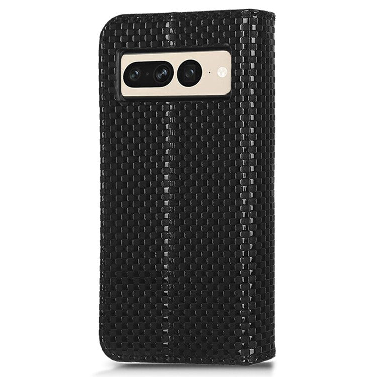Anti-drop Cell Phone Cover For Google Pixel 7 Pro 5G, Grid Texture Magnetic Closure Phone Case PU Leather Protective Flip Wallet Cover Stand - Black