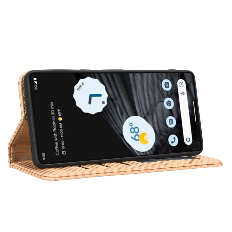 Anti-drop Cell Phone Cover For Google Pixel 7 Pro 5G, Grid Texture Magnetic Closure Phone Case PU Leather Protective Flip Wallet Cover Stand - Beige