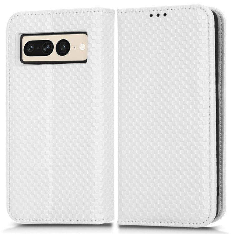 Anti-drop Cell Phone Cover For Google Pixel 7 Pro 5G, Grid Texture Magnetic Closure Phone Case PU Leather Protective Flip Wallet Cover Stand - White