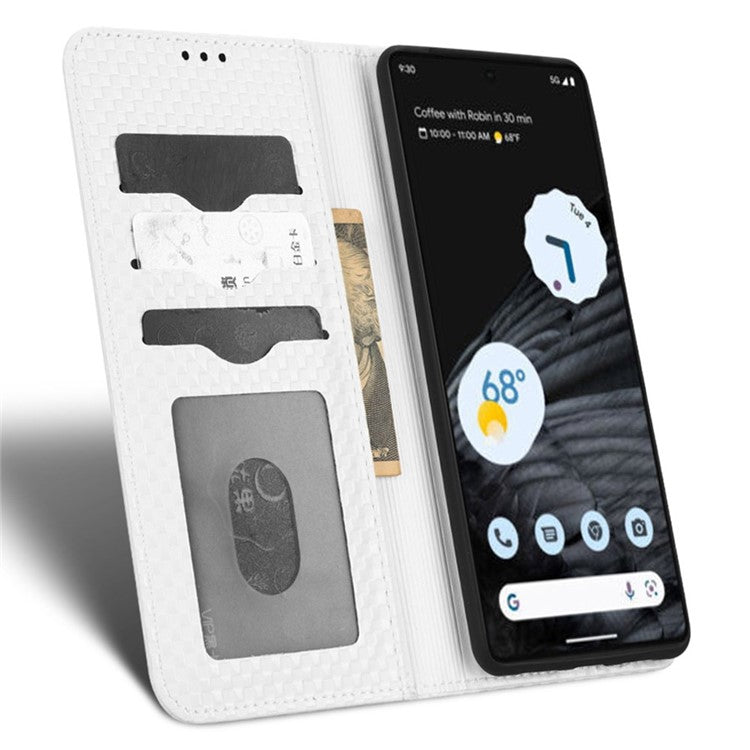 Anti-drop Cell Phone Cover For Google Pixel 7 Pro 5G, Grid Texture Magnetic Closure Phone Case PU Leather Protective Flip Wallet Cover Stand - White