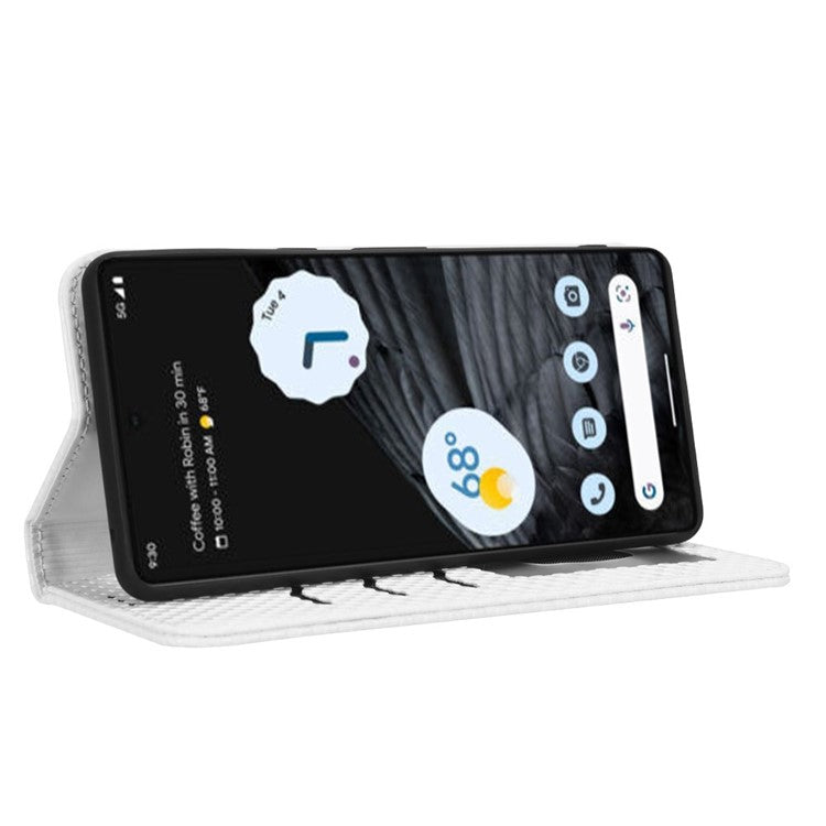 Anti-drop Cell Phone Cover For Google Pixel 7 Pro 5G, Grid Texture Magnetic Closure Phone Case PU Leather Protective Flip Wallet Cover Stand - White