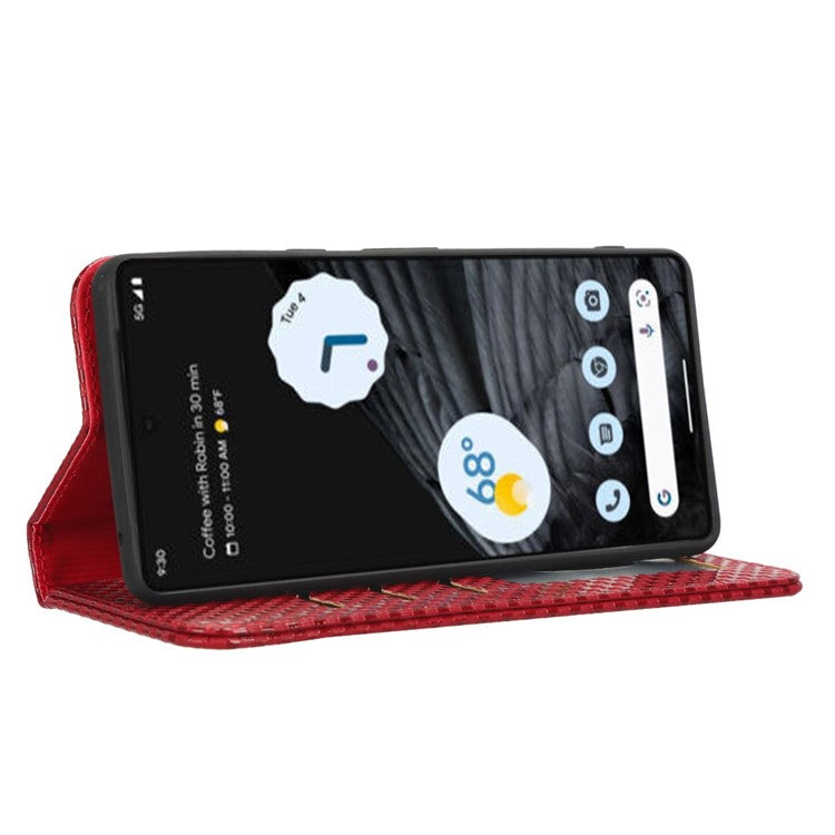 Anti-drop Cell Phone Cover For Google Pixel 7 Pro 5G, Grid Texture Magnetic Closure Phone Case PU Leather Protective Flip Wallet Cover Stand - Wine Red