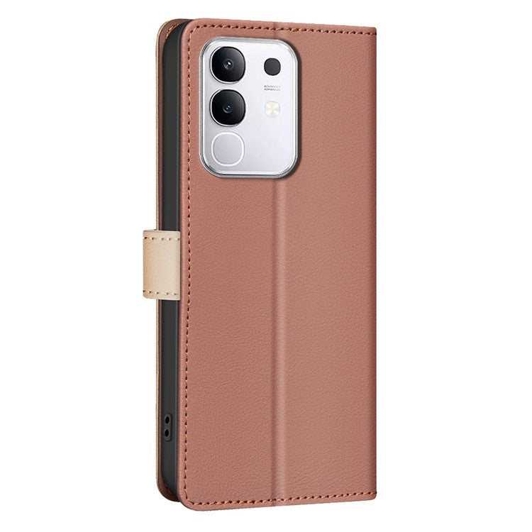 BINFEN COLOR BF33 for vivo Y29 4G Leather Case Splicing Color RFID Blocking Wallet Stand Phone Cover - Brown