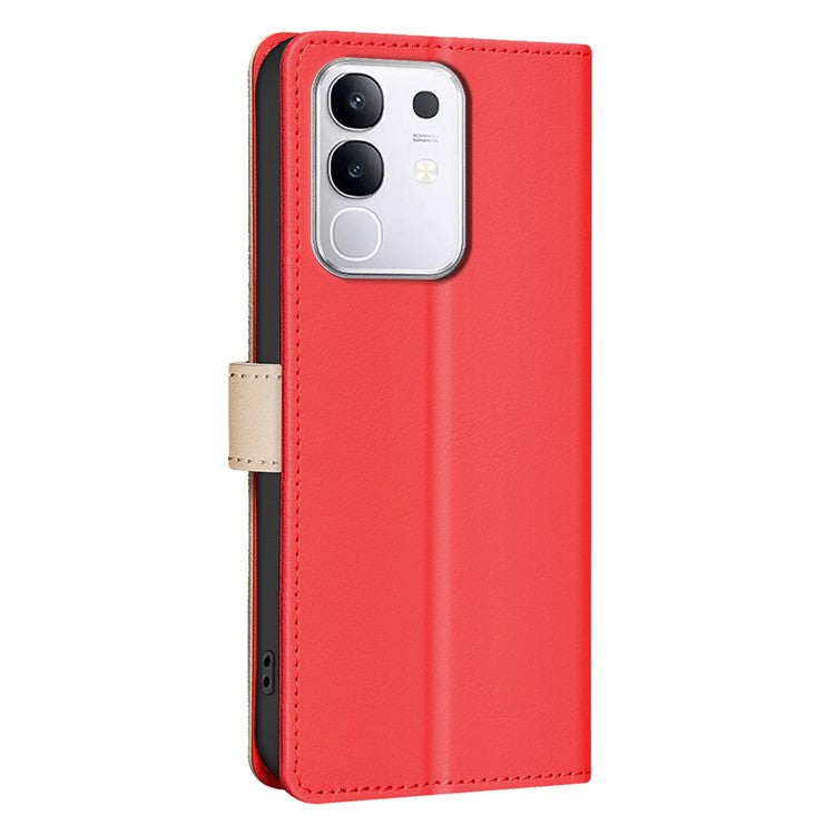 BINFEN COLOR BF33 for vivo Y29 4G Leather Case Splicing Color RFID Blocking Wallet Stand Phone Cover - Red