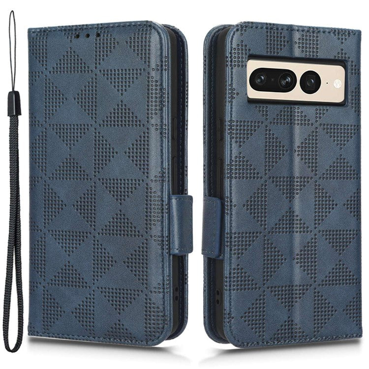 Flip Cell Phone Cover For Google Pixel 7 Pro 5G, Imprinted Triangle Pattern Leather Magnetic Phone Case with Stand Wallet - Blue