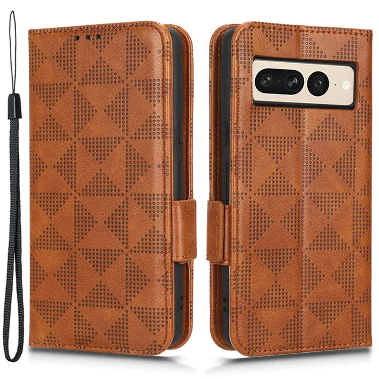 Flip Cell Phone Cover For Google Pixel 7 Pro 5G, Imprinted Triangle Pattern Leather Magnetic Phone Case with Stand Wallet - Brown