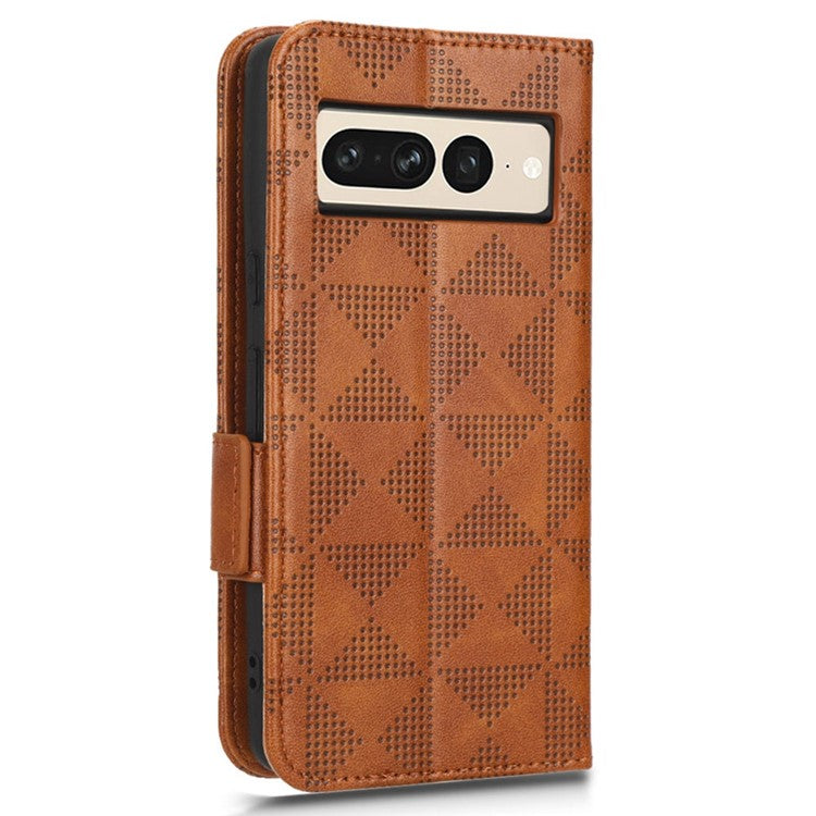 Flip Cell Phone Cover For Google Pixel 7 Pro 5G, Imprinted Triangle Pattern Leather Magnetic Phone Case with Stand Wallet - Brown