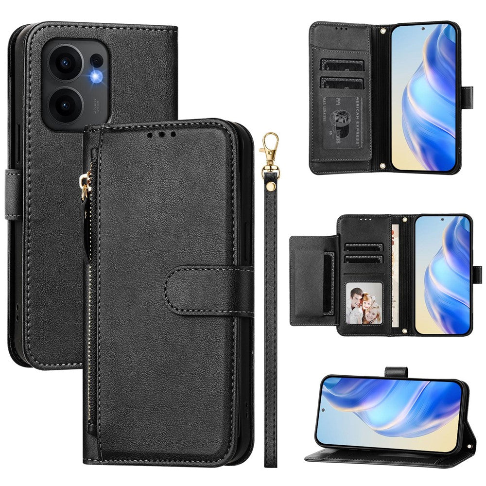 For Oppo Reno13 F 5G Case Zipper Pocket Multiple Card Slots Leather Phone Cover - Black